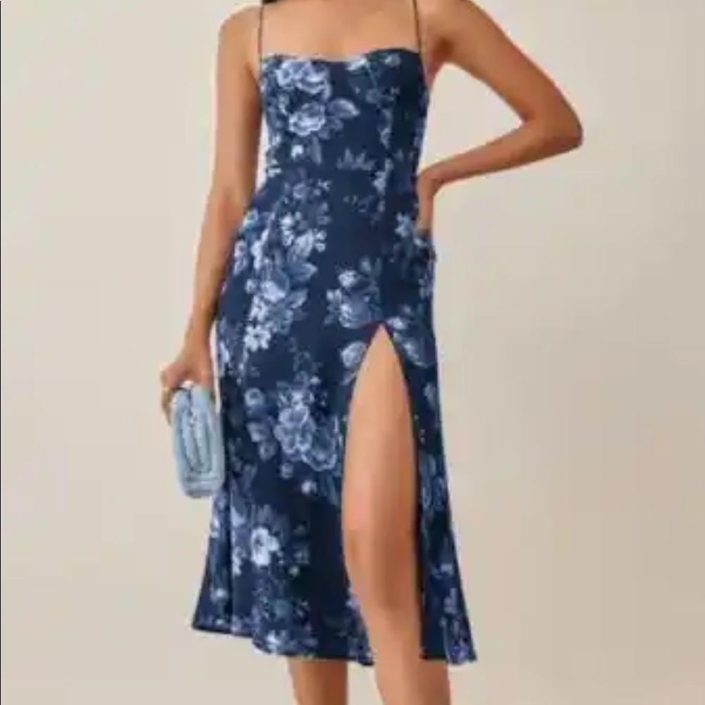 Reformation *inspired* blue and white midi tie strap dress